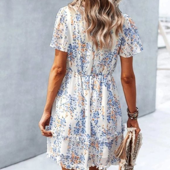 Boho Floral Print Frill Trim Dress cream Cottagecore - Picture 5 of 5